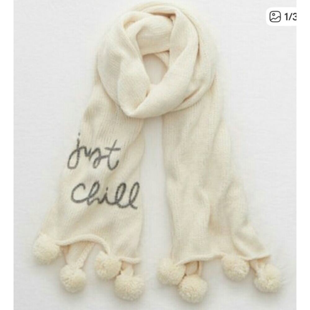 NWT Aerie "Just Chill" Pompom Cream Embroidered Knit Scarf, OS